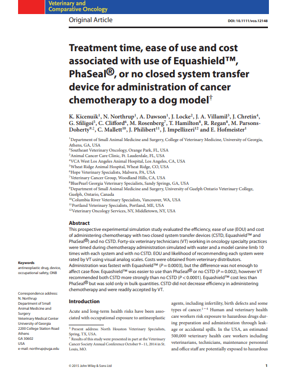 Treatment Time, Ease of Use and Cost Associated With use of Equashield™, PhaSeal®, or no Closed System Transfer Device for Administration of Cancer Chemotherapy to a Dog Model