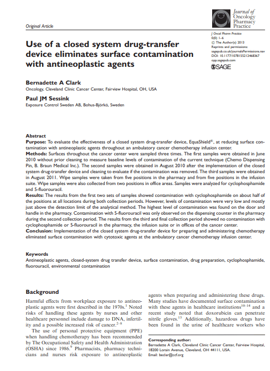 Use of a Closed System Drug-Transfer Device Eliminates Surface Contamination With Antineoplastic Agents