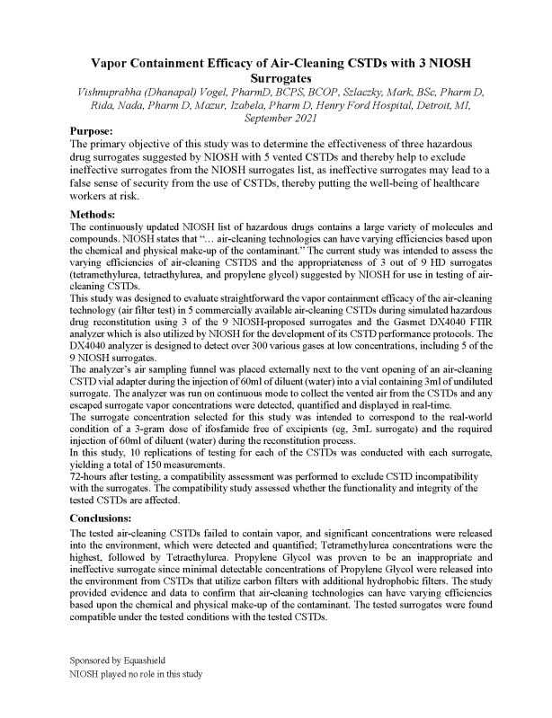 Vapor Containment Efficacy of Air-Cleaning CSTDs With 3 NIOSH Surrogates