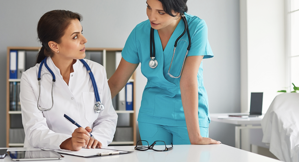 nurse filling out checklist